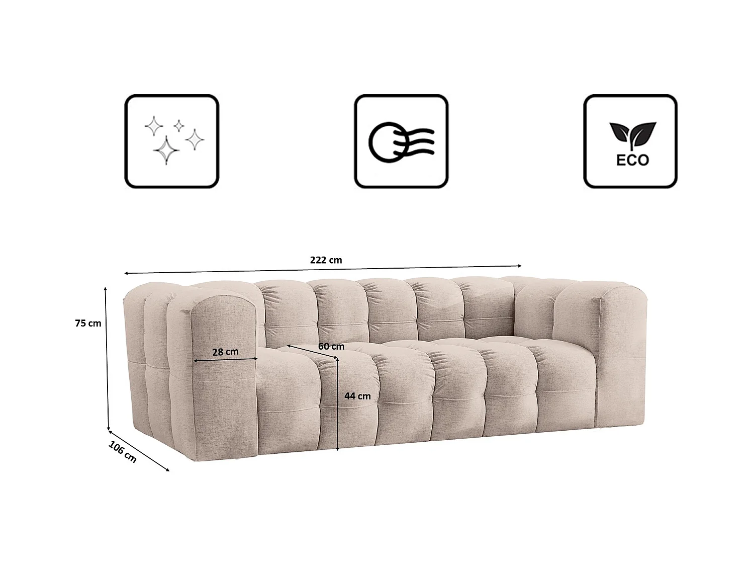 Sofa 3-Sitzer, Komfort Couch BALOO, stoff Schenille, Beige
