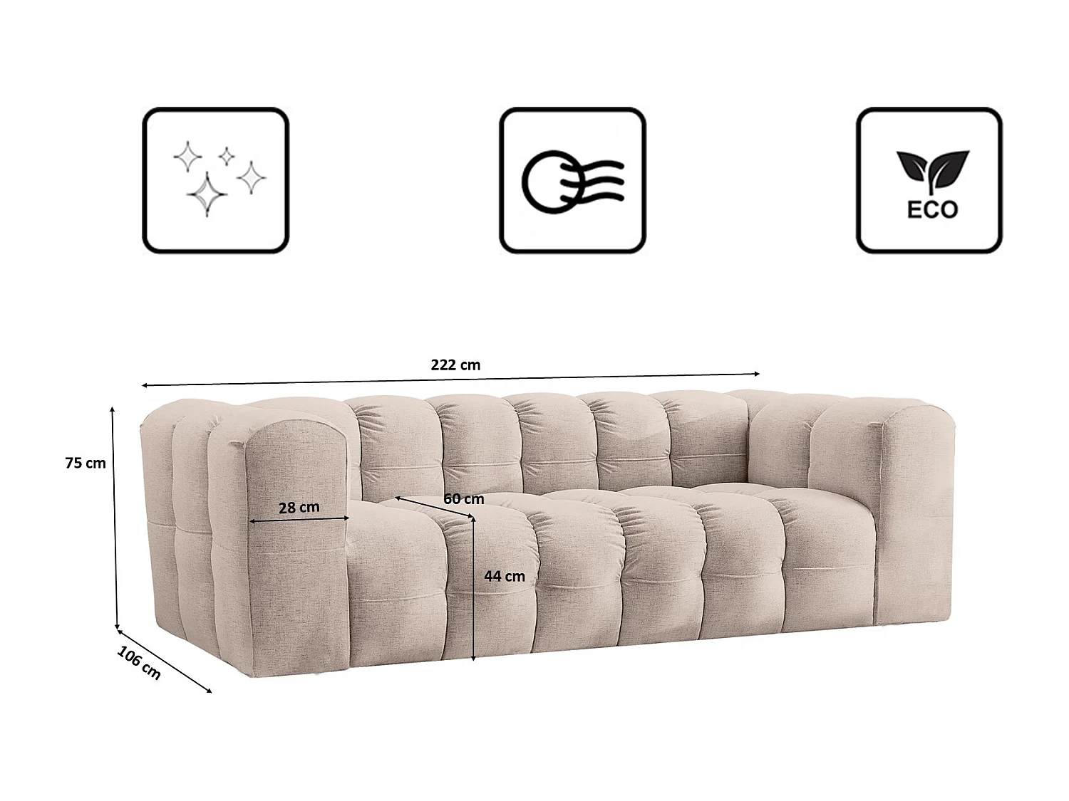 Sofa 3-Sitzer, Komfort Couch BALOO, stoff Schenille, Beige