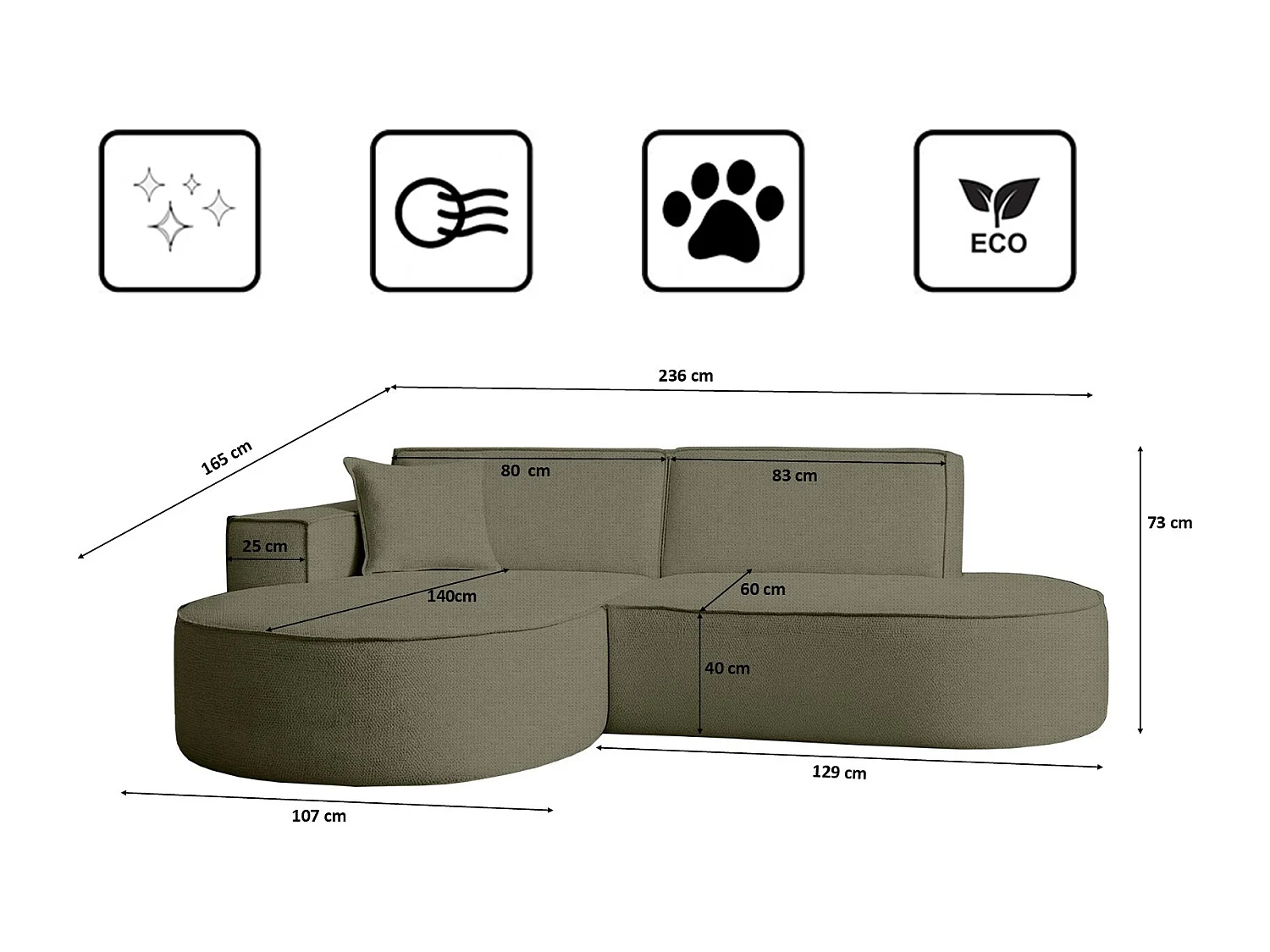 Canapé d'angle Modena Studio tissu Artico, Moss Left