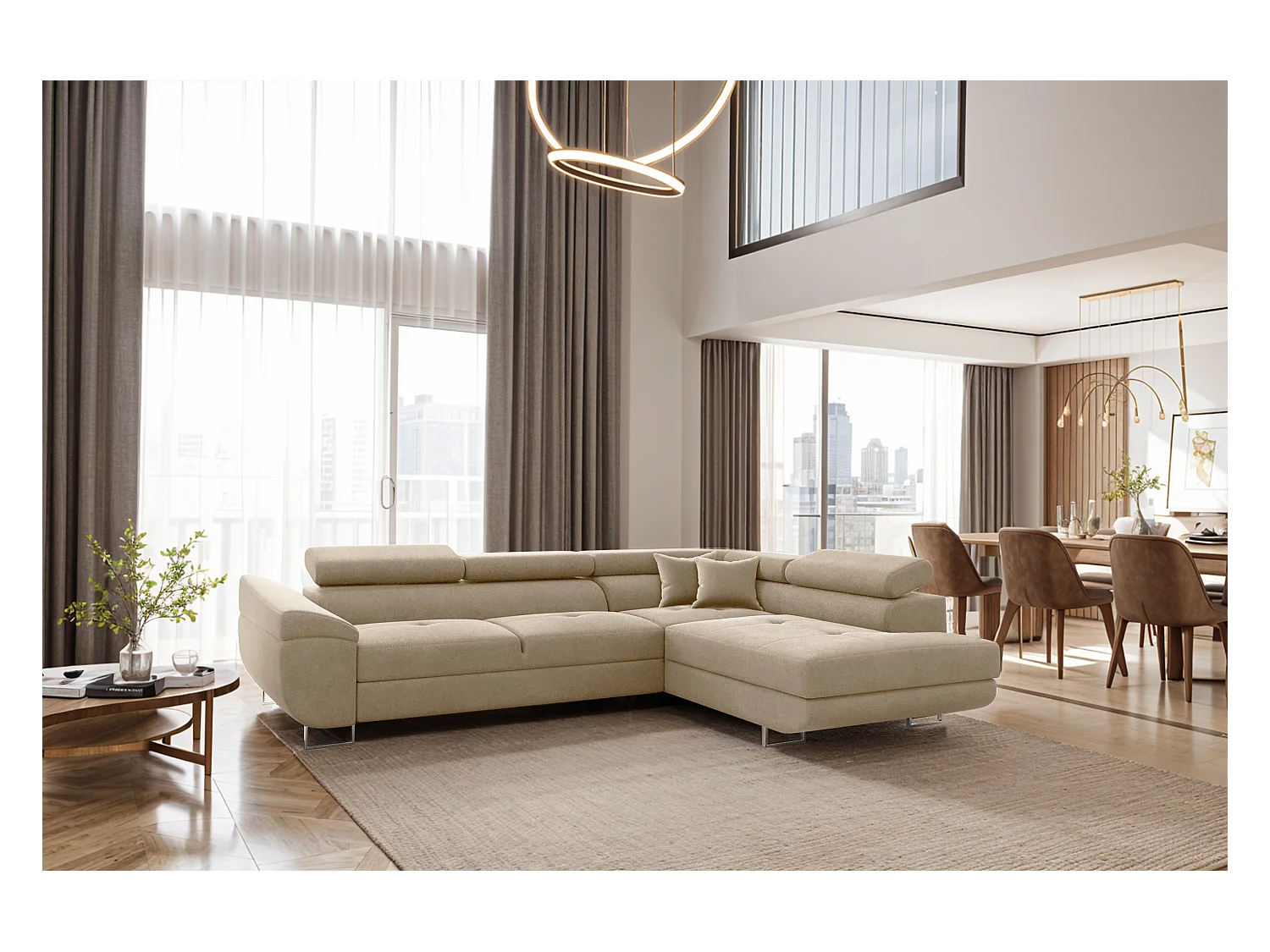 Canapé d'angle en L FALIO avec fonction couchage, tissu Noel, beige clair, droit