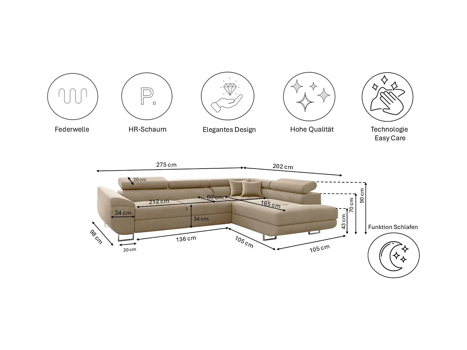 Canapé d'angle en L FALIO avec fonction couchage, tissu Noel, beige clair, droit