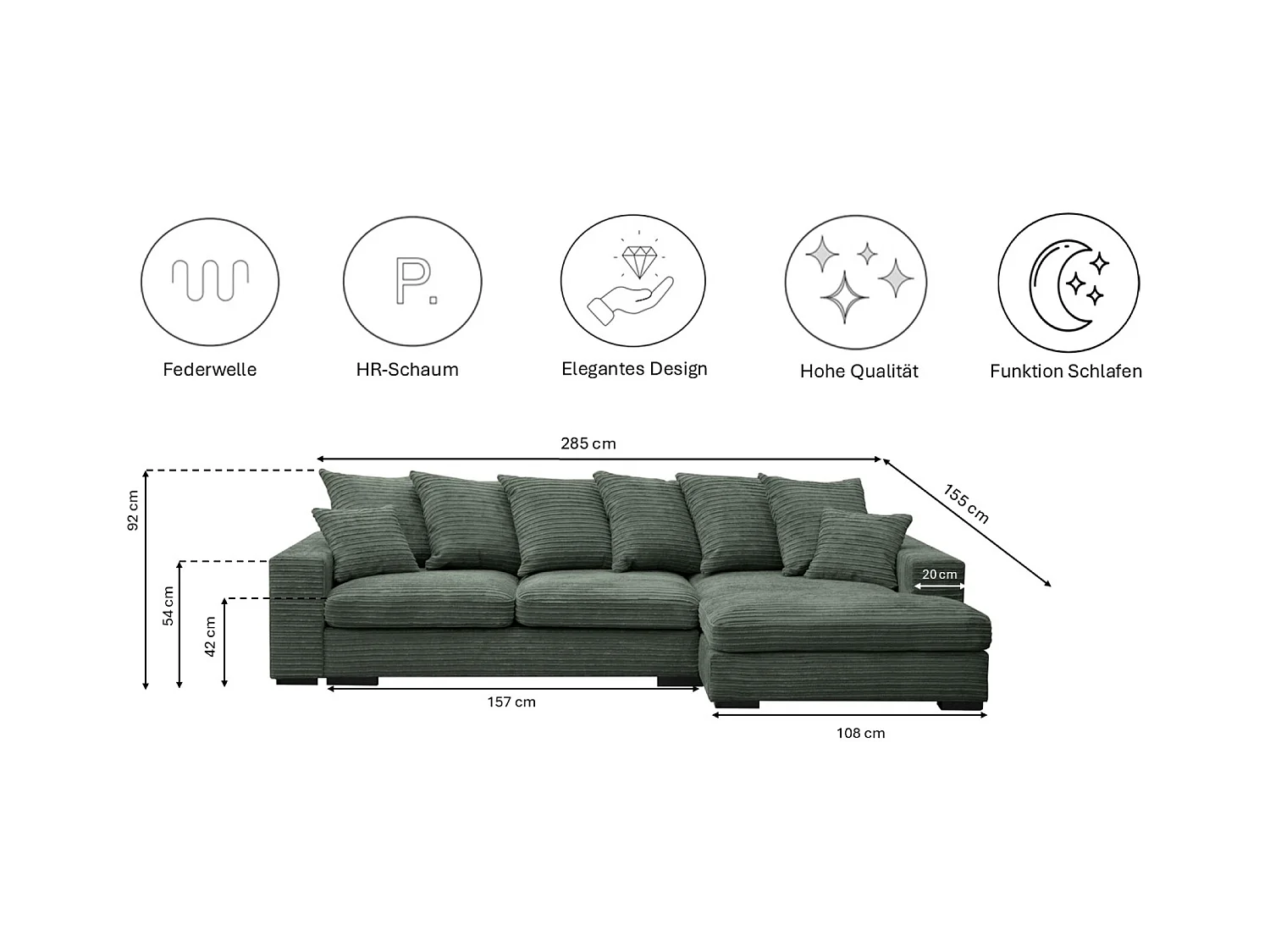 Canapé d'angle avec fonction couchage et coffre de lit, Canapé forme L, Canapé forme L tissu Gabon Zoom Vert Droite