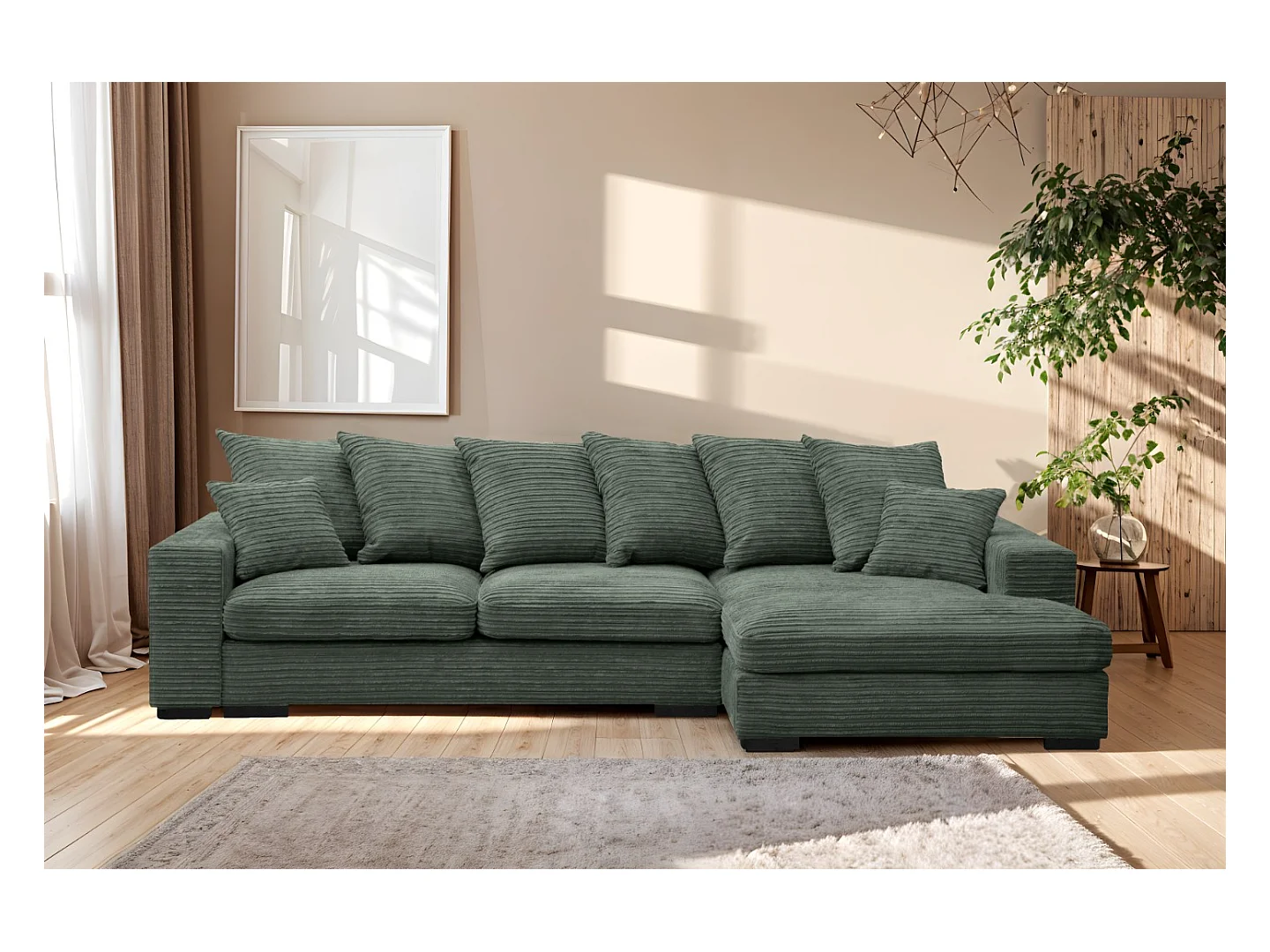 Canapé d'angle avec fonction couchage et coffre de lit, Canapé forme L, Canapé forme L tissu Gabon Zoom Vert Droite