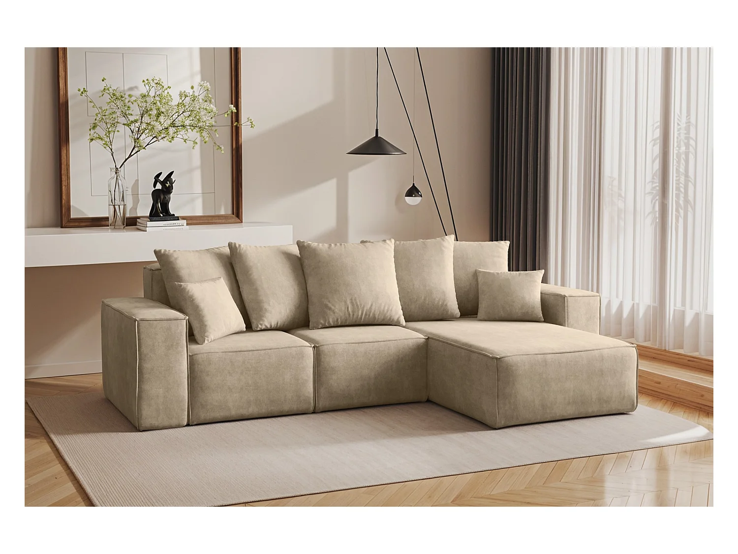 Canapé d'angle en L, collection premium ELLA, tissu Noel, beige clair, droit