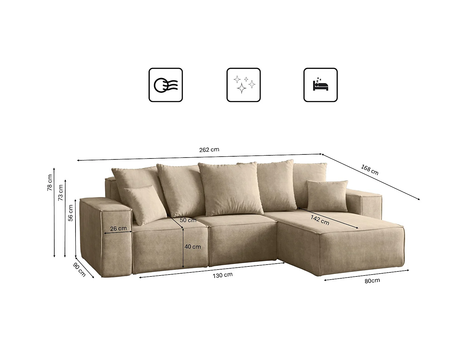 Canapé d'angle en L, collection premium ELLA, tissu Noel, beige clair, droit