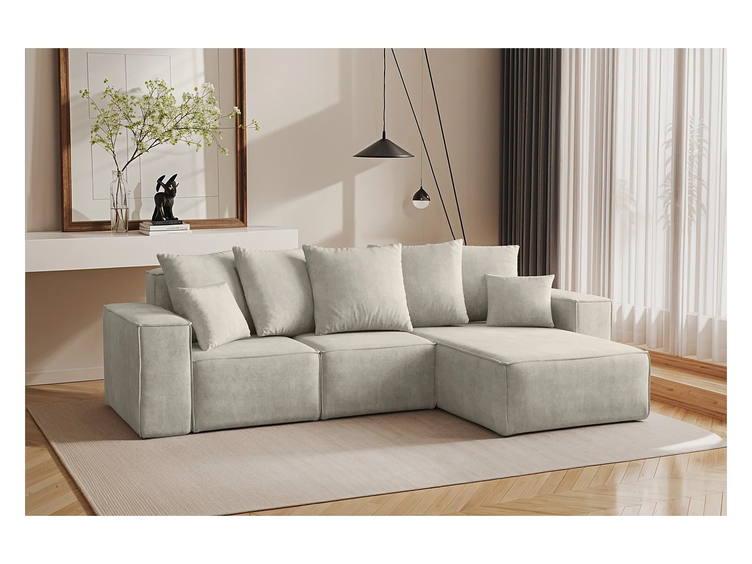 Canapé d'angle en L, collection premium ELLA, tissu Noel, gris clair, droit