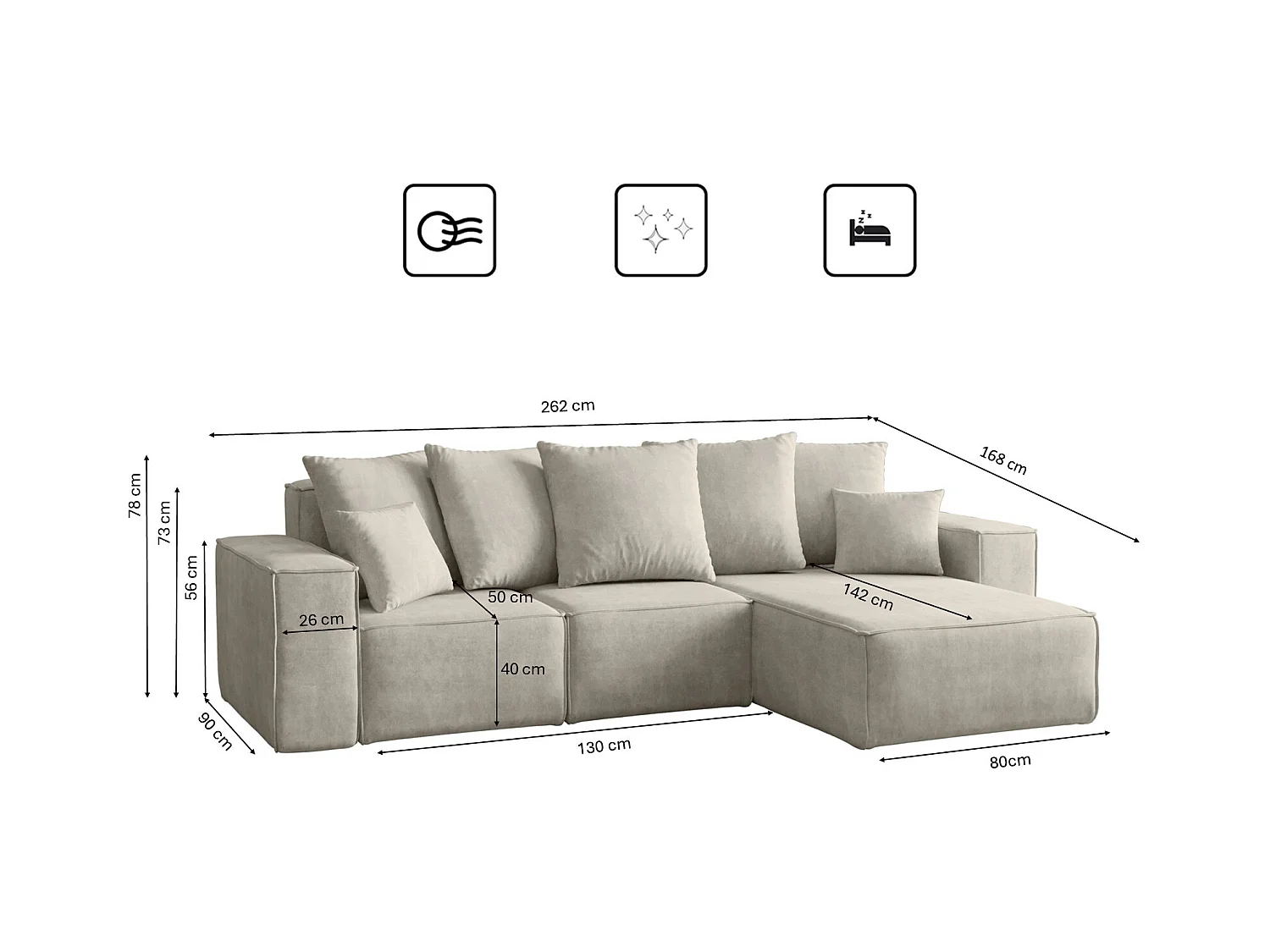 Canapé d'angle en L, collection premium ELLA, tissu Noel, gris clair, droit