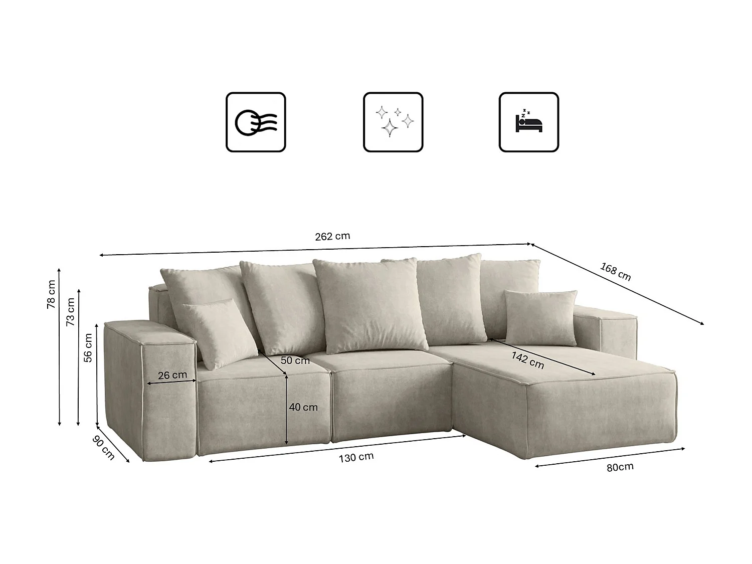 Canapé d'angle en L, collection premium ELLA, tissu Noel, gris clair, droit