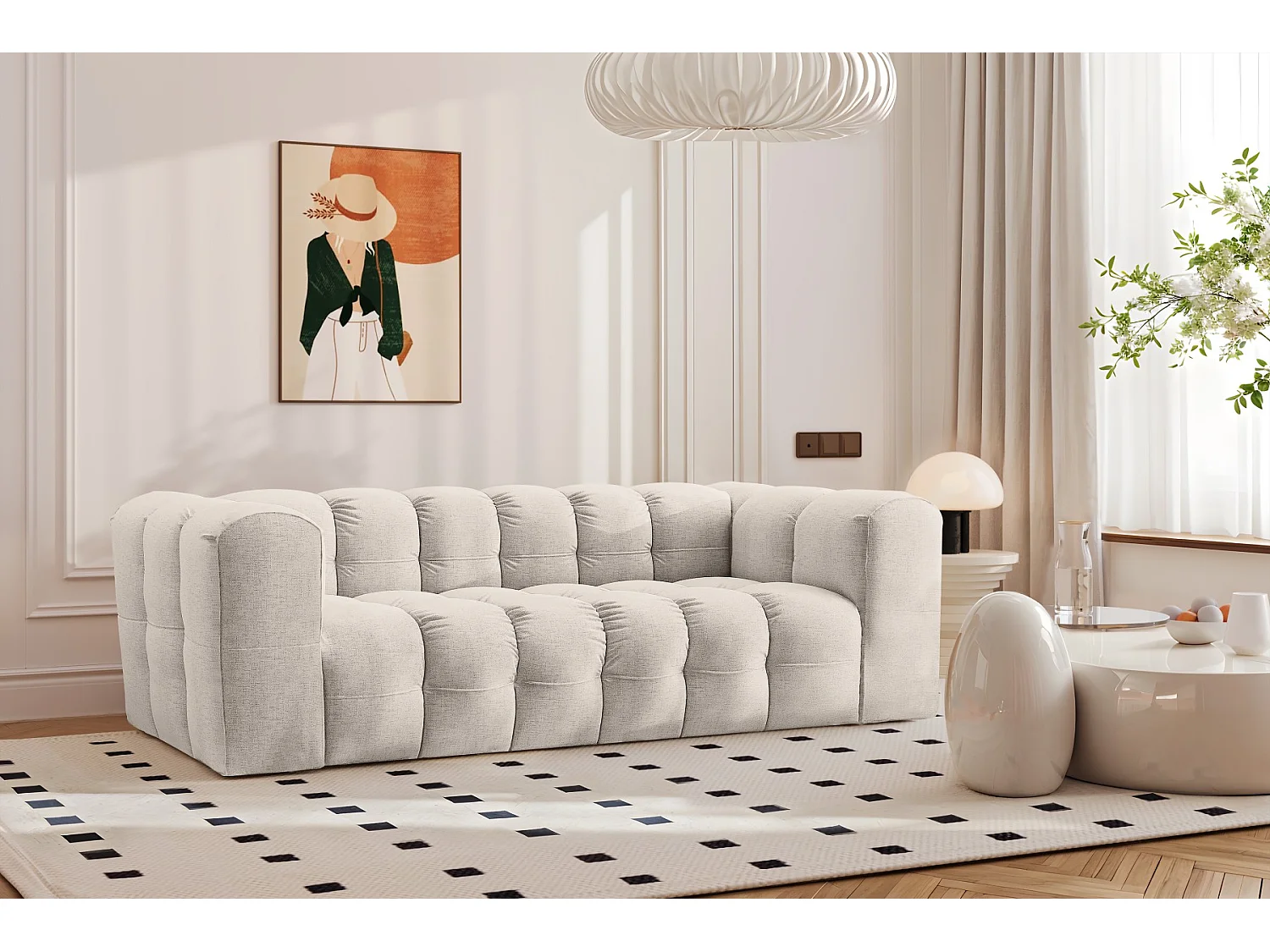 Sofa 3-Sitzer, Komfort Couch BALOO, stoff Schenille, Ecru