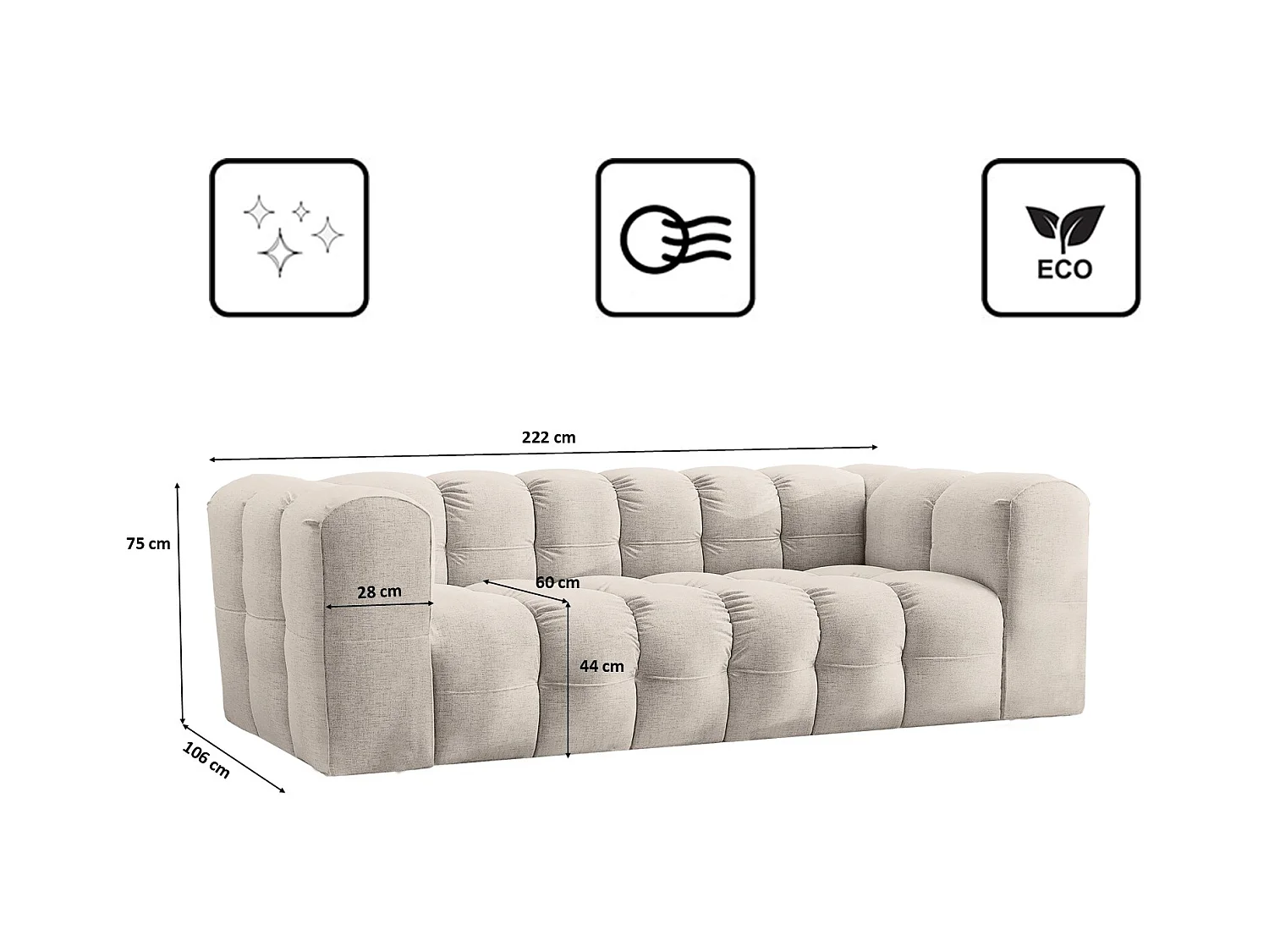 Sofa 3-Sitzer, Komfort Couch BALOO, stoff Schenille, Ecru