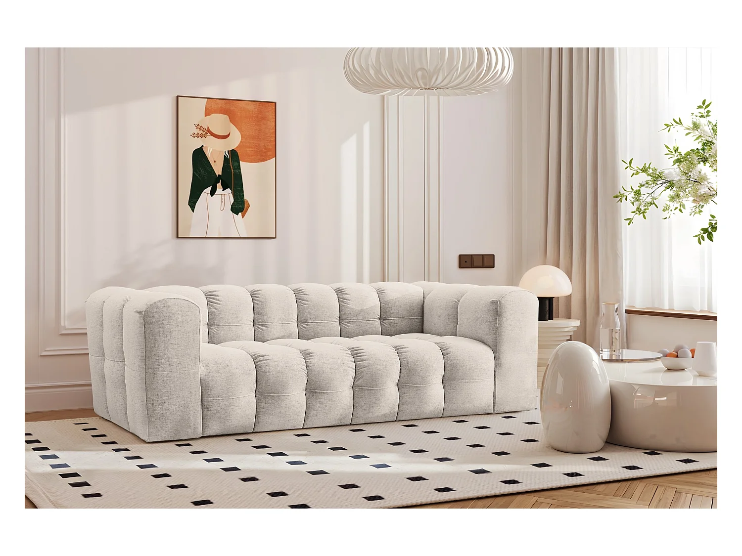 Sofa 3-Sitzer, Komfort Couch BALOO, stoff Schenille, Ecru