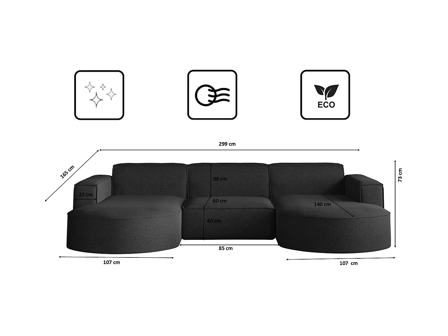 Canapé d'angle Modena en U, tissu Verita, noir