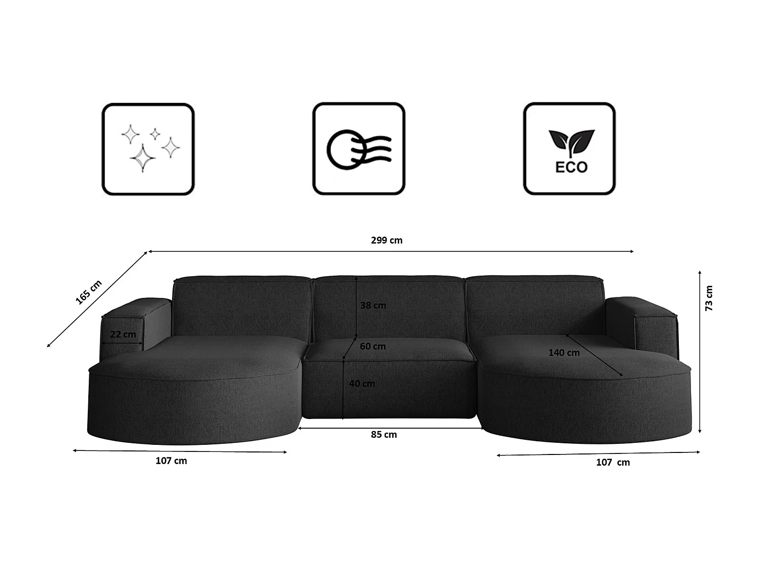 Canapé d'angle Modena en U, tissu Verita, noir