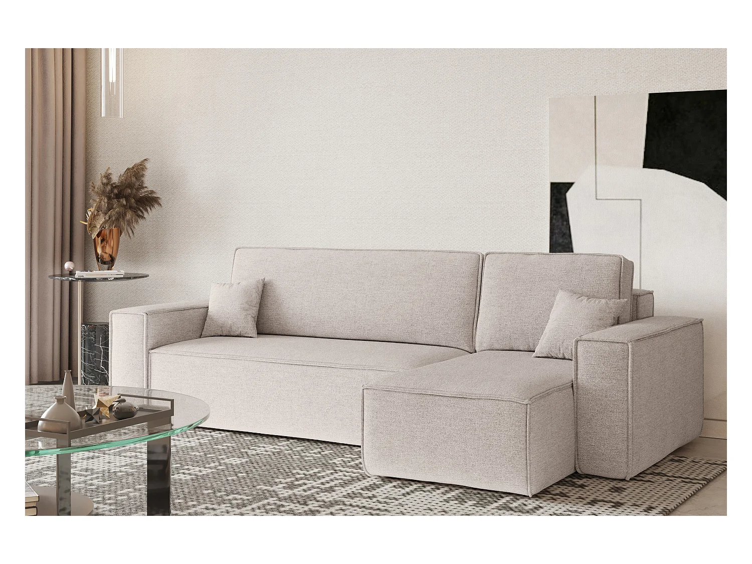 Canapé d'angle Best en L avec fonction couchage et coffre de lit, tissu Neve, beige, droit