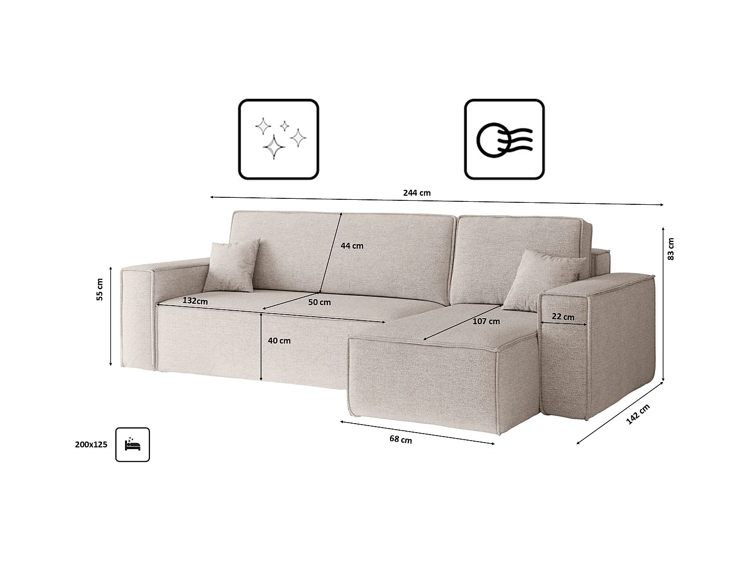 Canapé d'angle Best en L avec fonction couchage et coffre de lit, tissu Neve, beige, droit