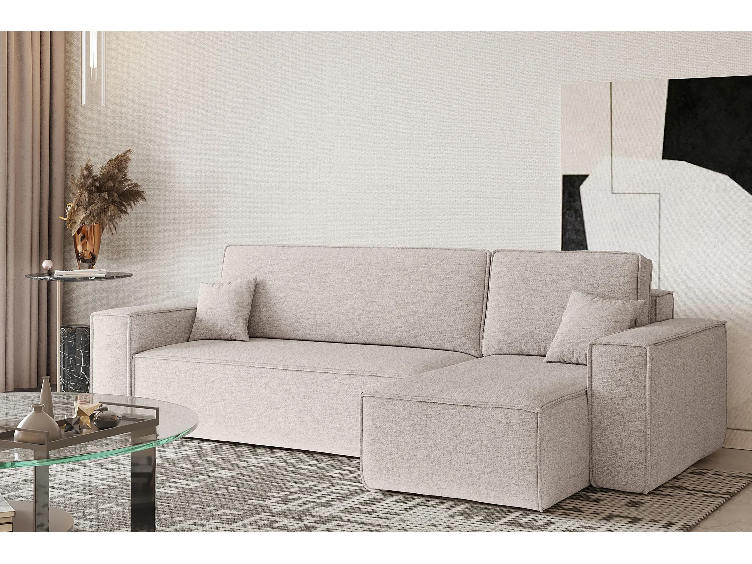 Canapé d'angle Best en L avec fonction couchage et coffre de lit, tissu Neve, beige, droit