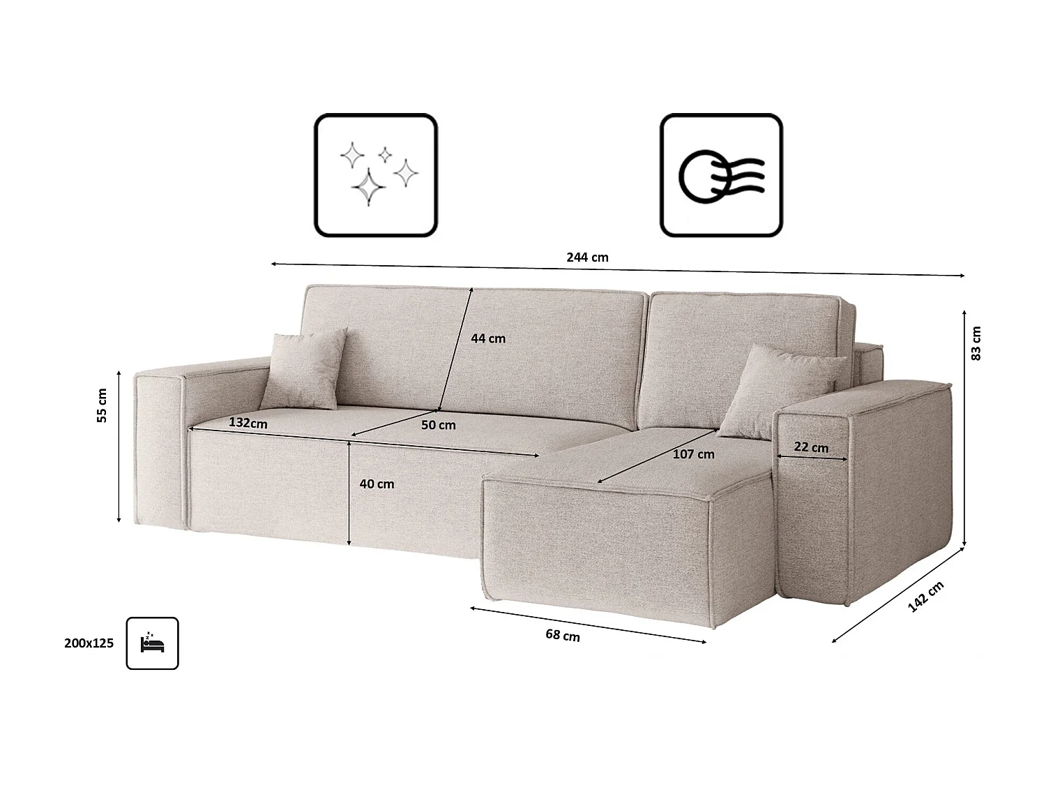 Canapé d'angle Best en L avec fonction couchage et coffre de lit, tissu Neve, beige, droit