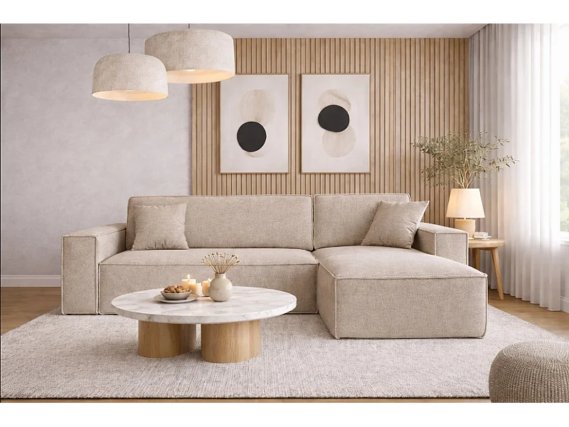 Hoekbank, L-vorm met slaapfunctie en bedkast, stof Neve, beige, rechts