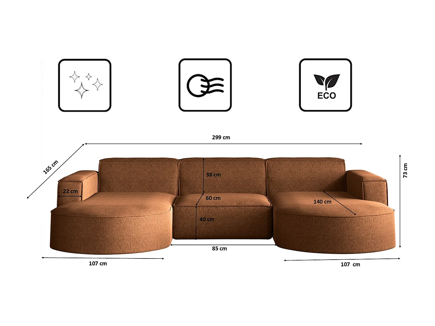 Ecksofa, Modena U-Form, Stoff Verita, Kupfer