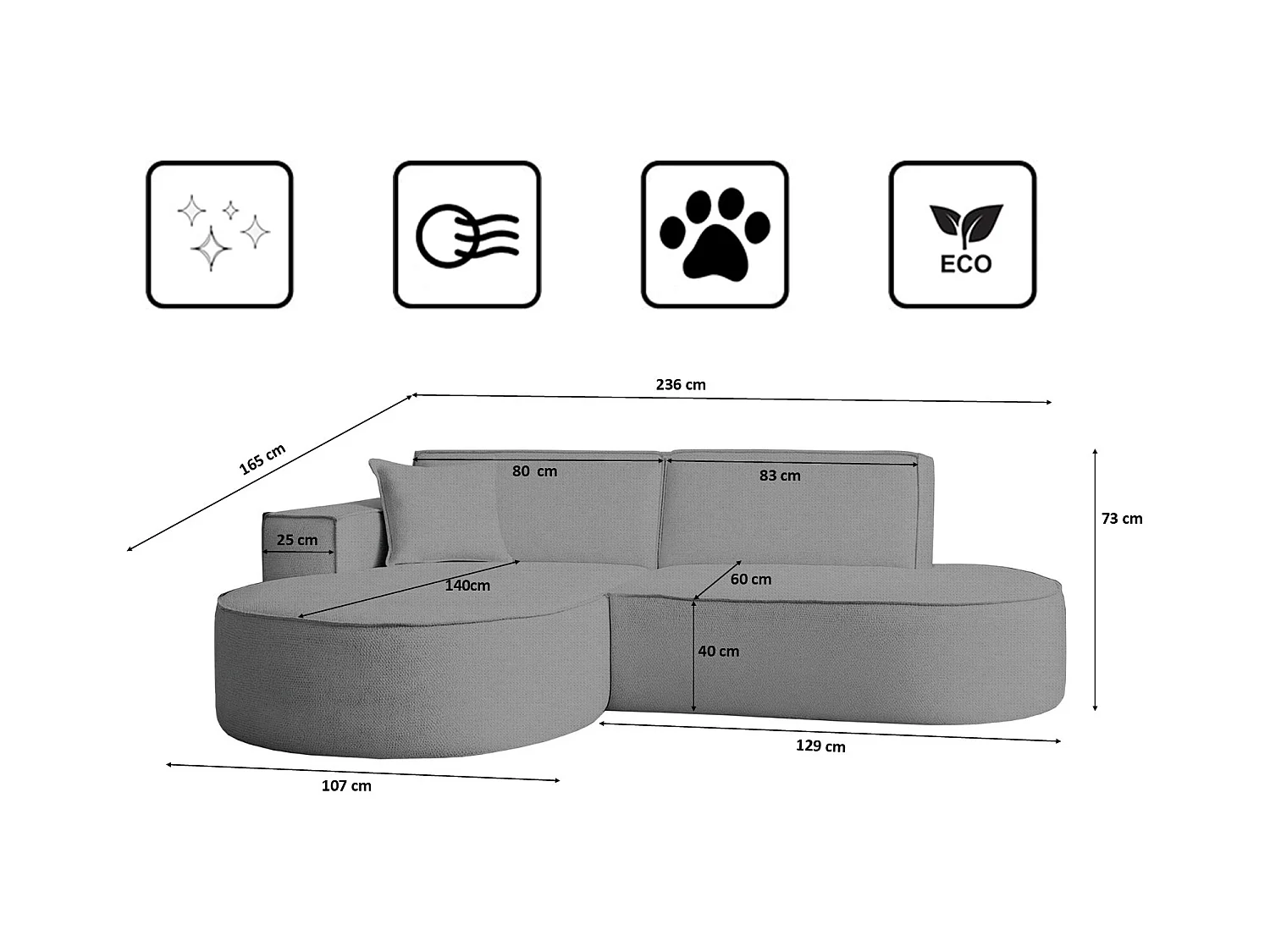 Canapé d'angle Modena Studio tissu Artico, Ciment Gauche