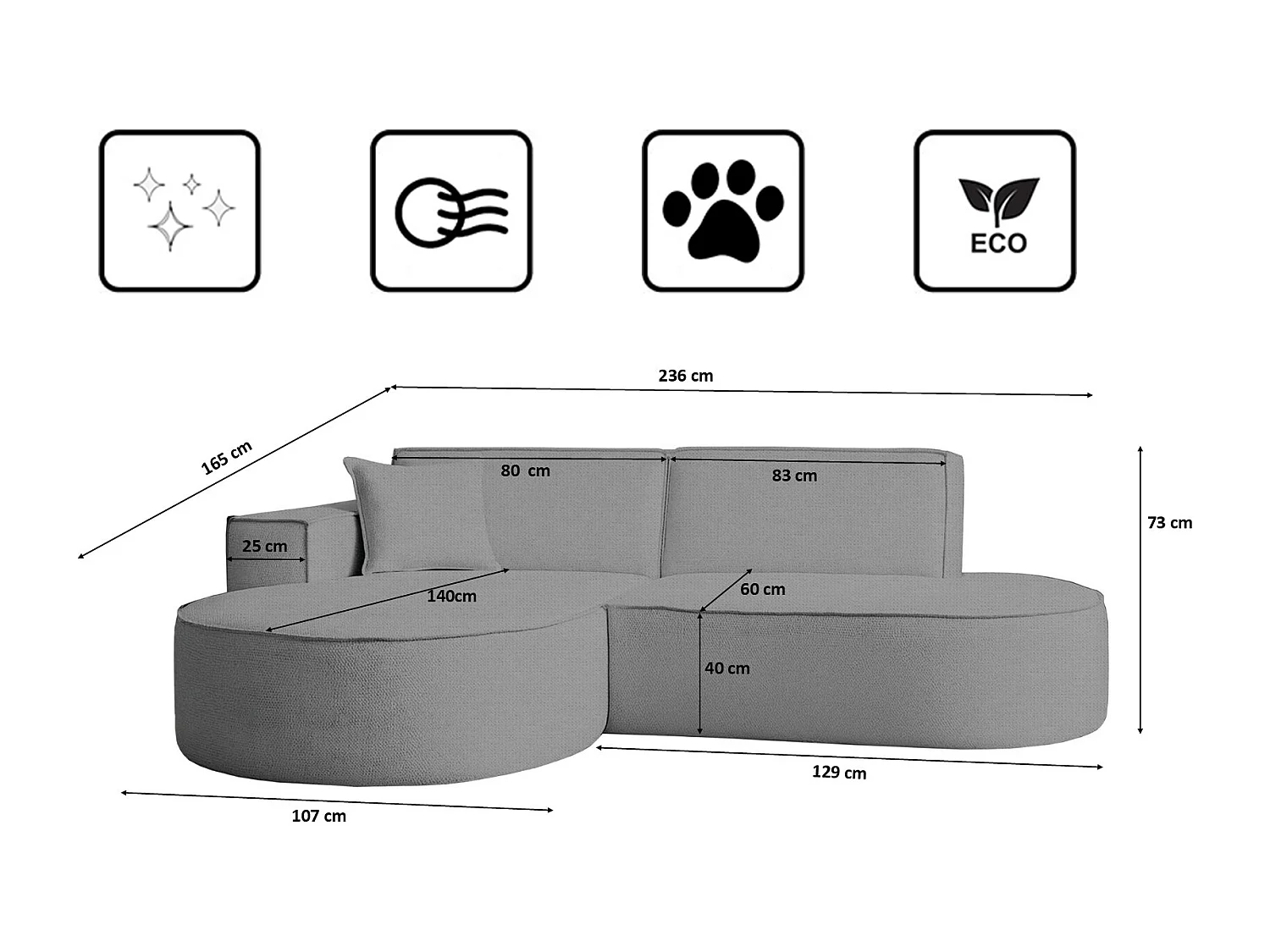 Ecksofa Modena Studio Stoff Artico, Cement Links
