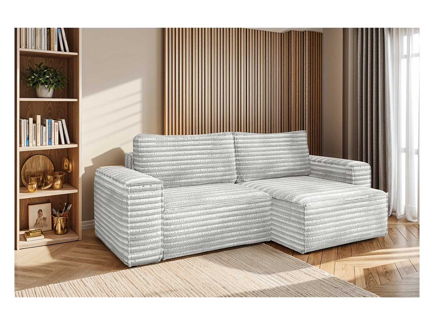 L-förmiges Bohoo-Ecksofa mit Schlaffunktion, Stoff Velo, Hellgrau, Rechts