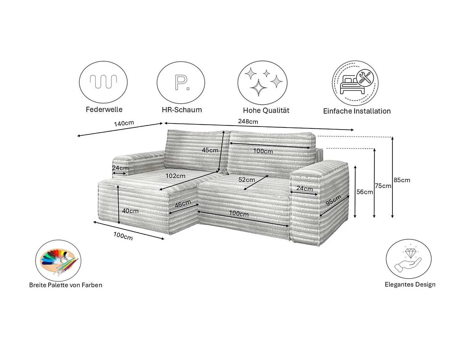 L-förmiges Bohoo-Ecksofa mit Schlaffunktion, Stoff Velo, Hellgrau, Rechts
