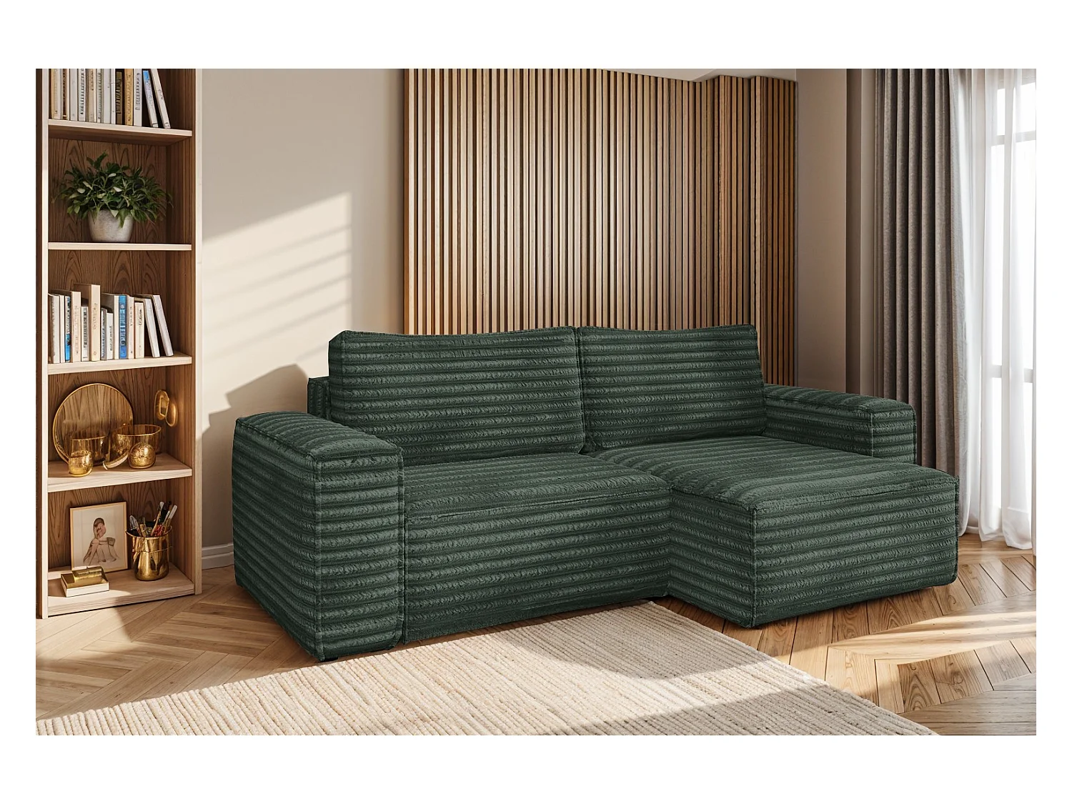 L-förmiges Bohoo-Ecksofa mit Schlaffunktion, Stoff Velo, Grün, Rechts