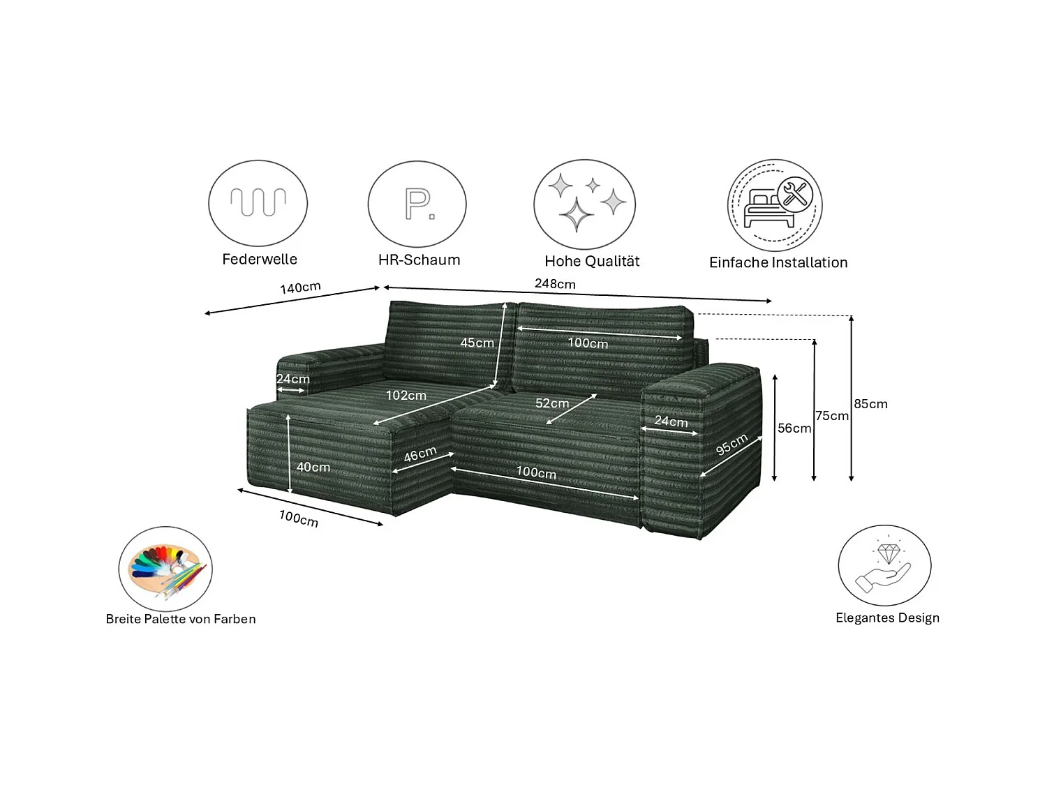 L-förmiges Bohoo-Ecksofa mit Schlaffunktion, Stoff Velo, Grün, Rechts
