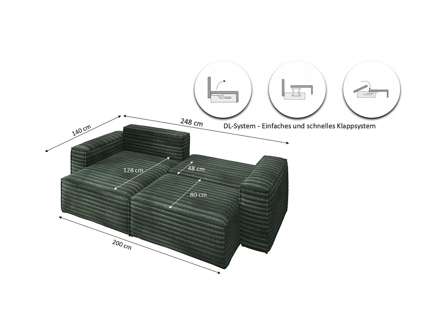 L-förmiges Bohoo-Ecksofa mit Schlaffunktion, Stoff Velo, Grün, Rechts