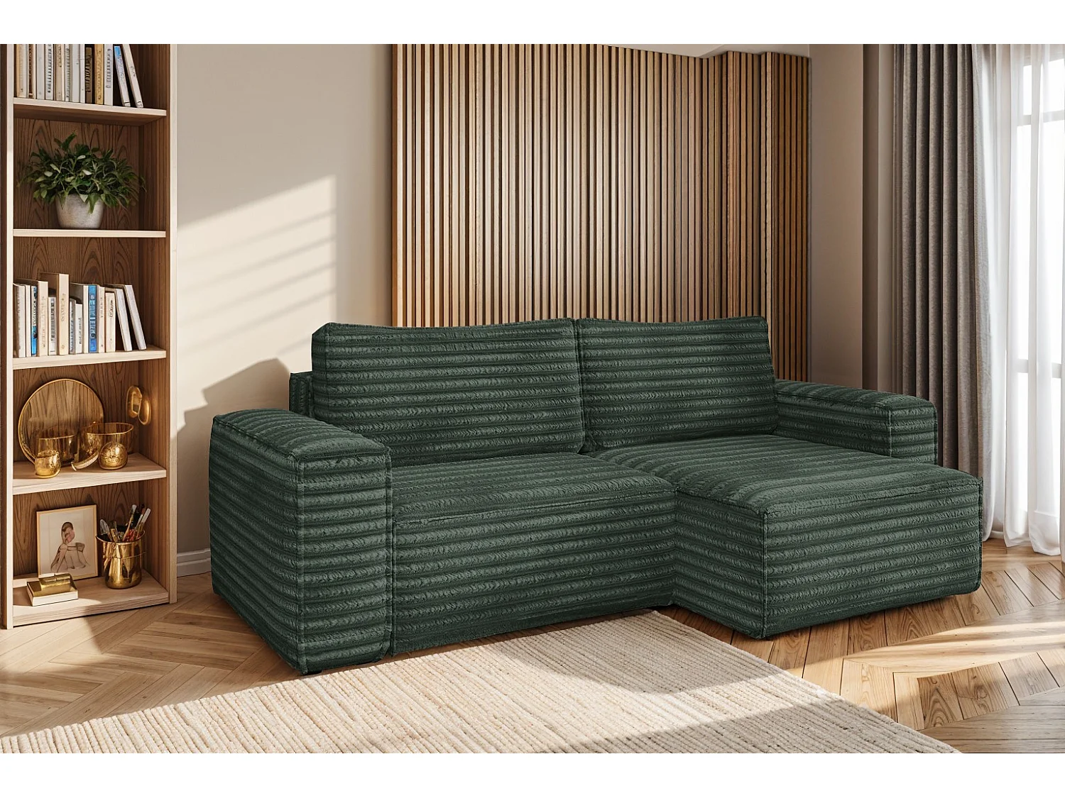 L-förmiges Bohoo-Ecksofa mit Schlaffunktion, Stoff Velo, Grün, Rechts