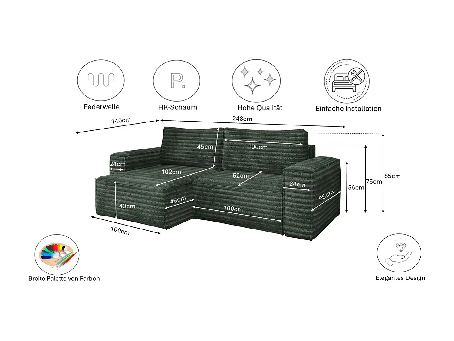 L-förmiges Bohoo-Ecksofa mit Schlaffunktion, Stoff Velo, Grün, Rechts