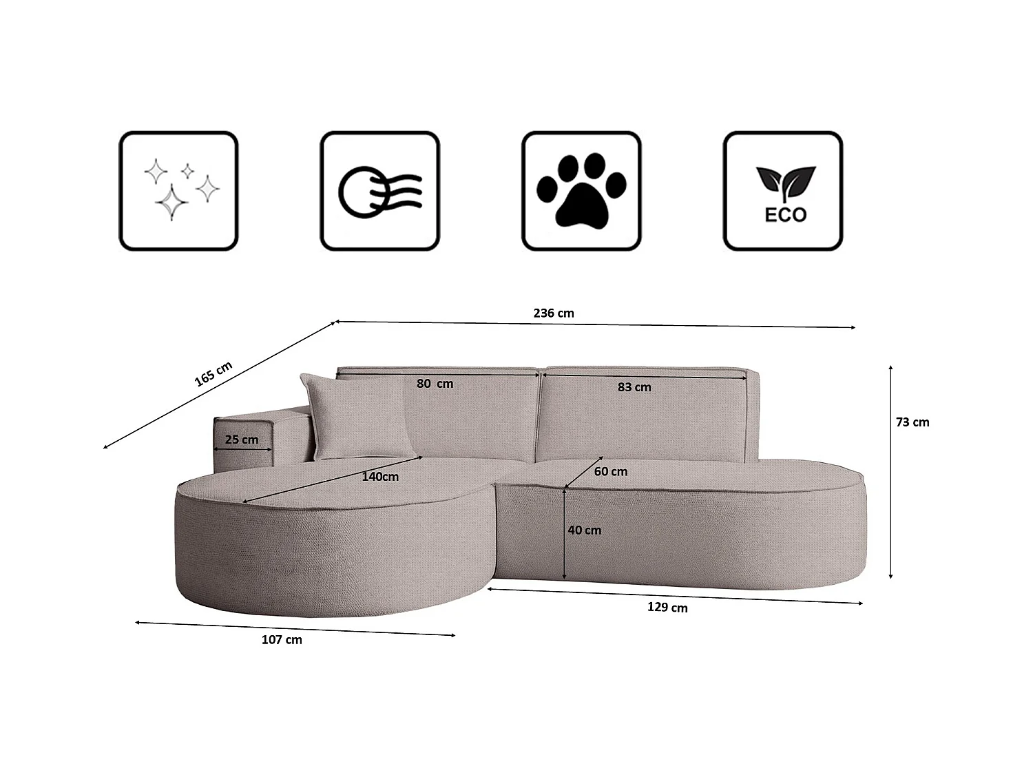 Canapé d'angle Modena Studio tissu Artico, beige gauche