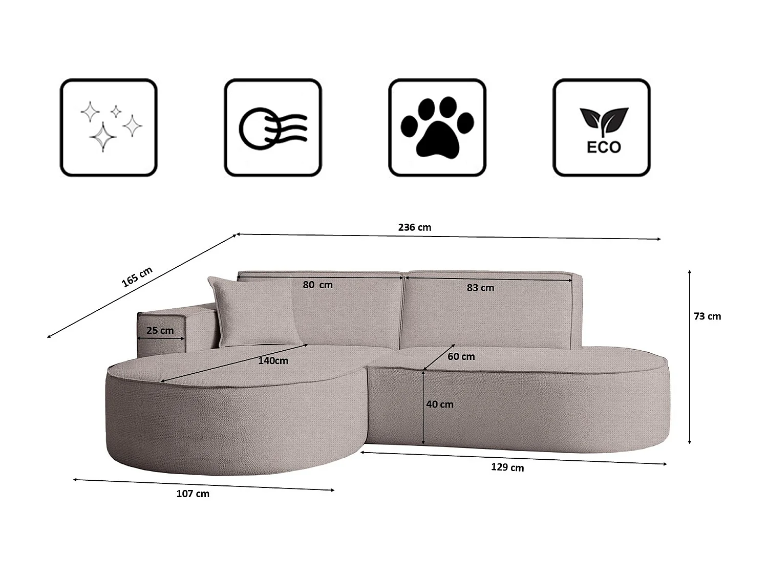 Ecksofa Modena Studio Stoff Artico, Beige Links