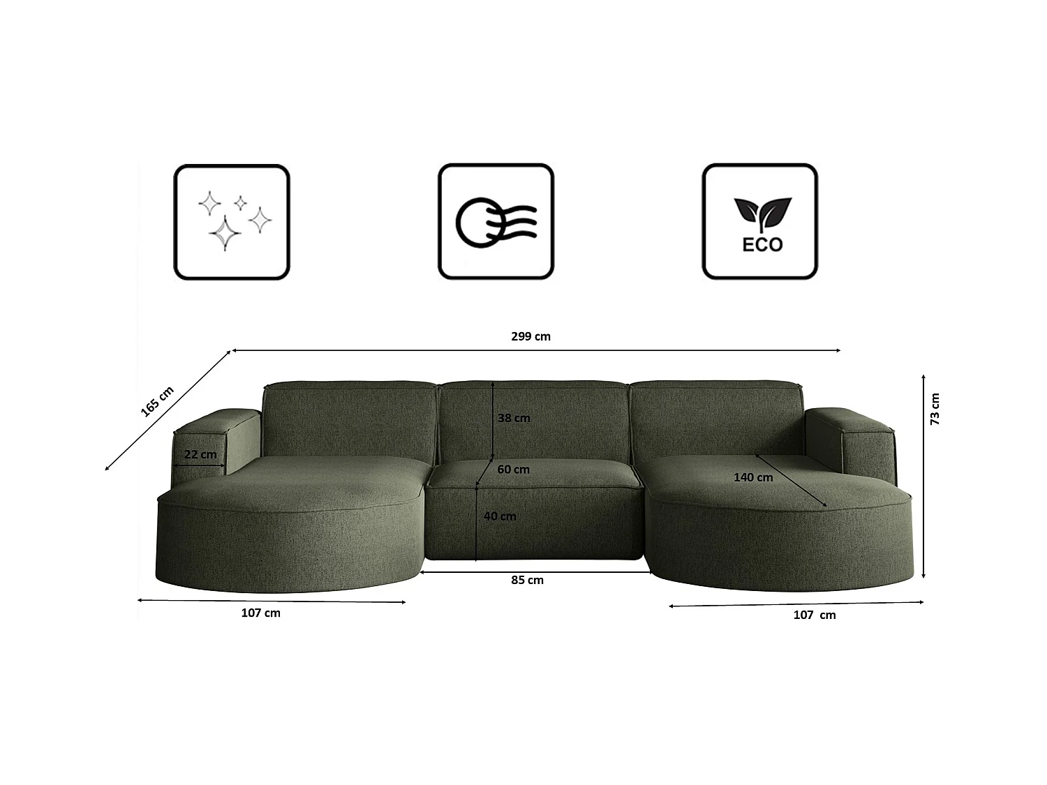 Canapé d'angle Modena en U, tissu Verita, vert foncé