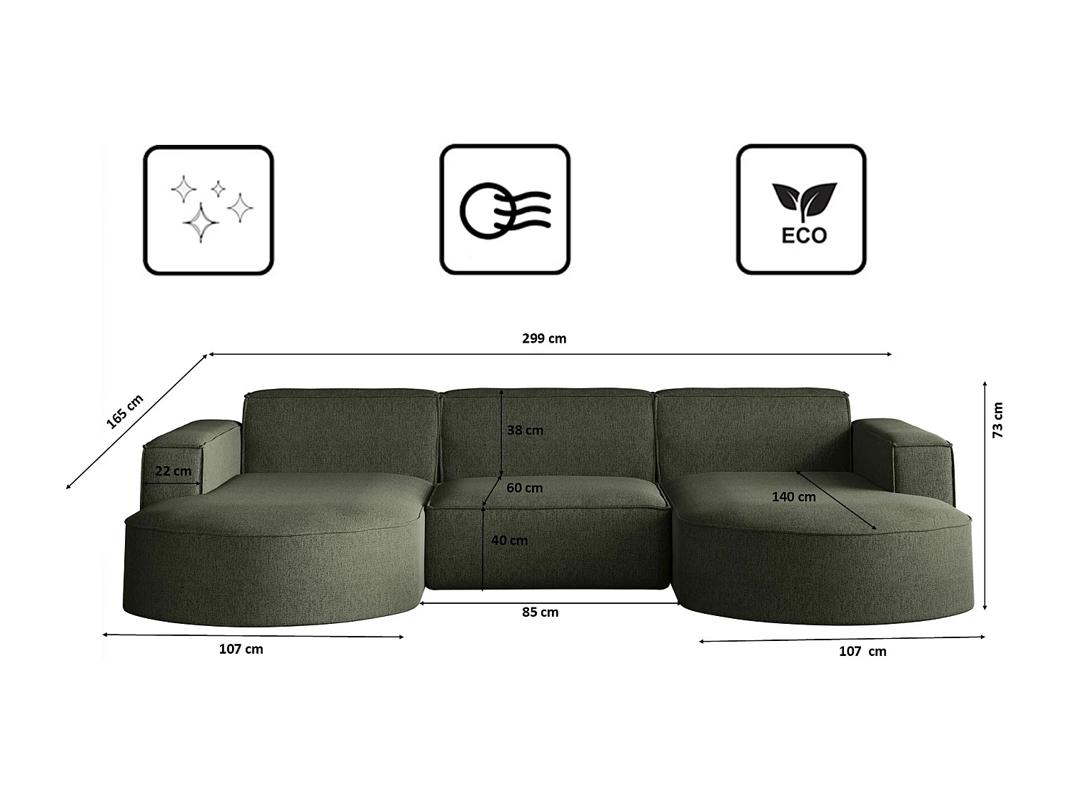 Canapé d'angle Modena en U, tissu Verita, vert foncé