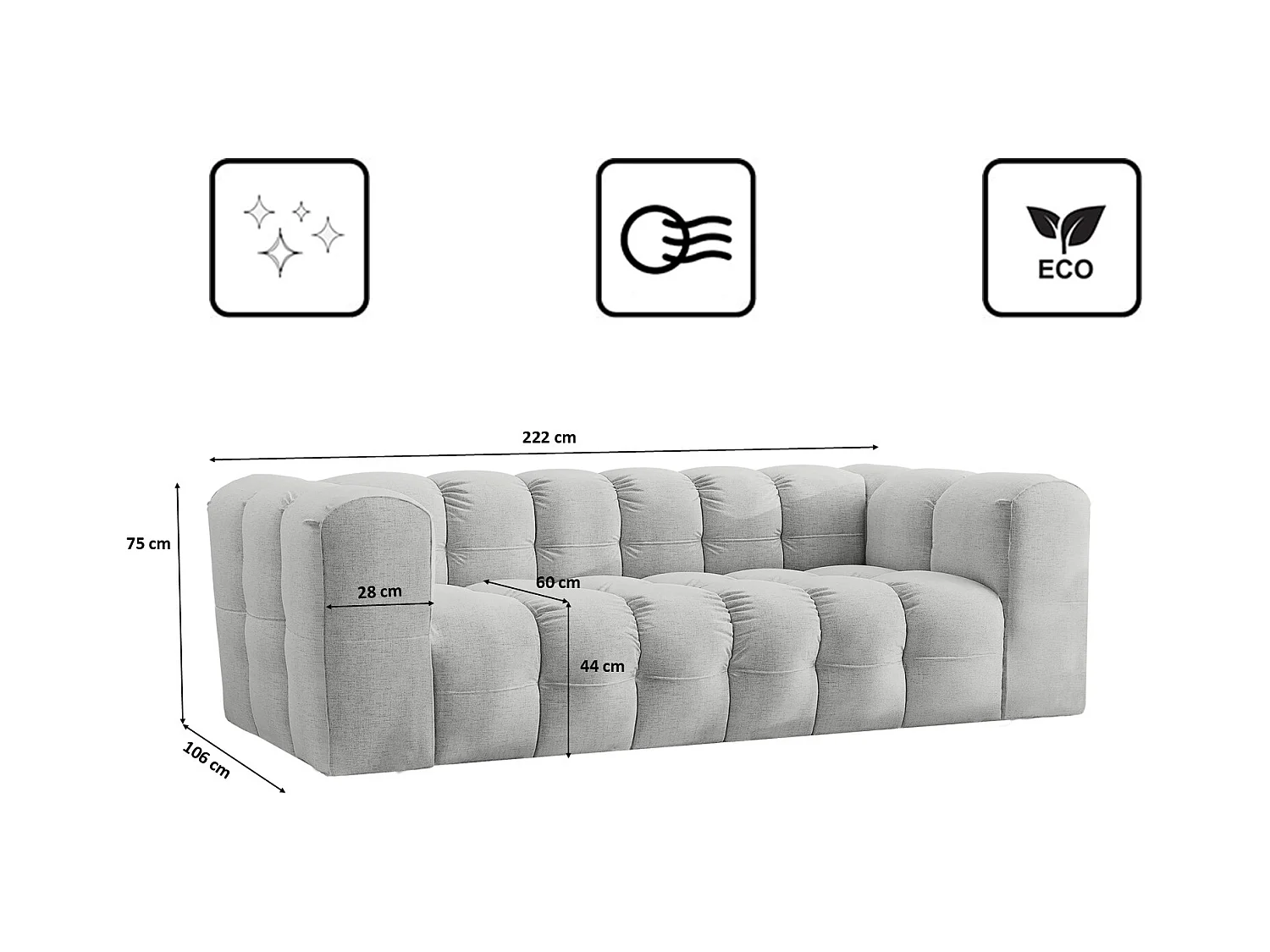 Sofa 3-Sitzer, Komfort Couch BALOO, stoff Schenille, Hellgrau