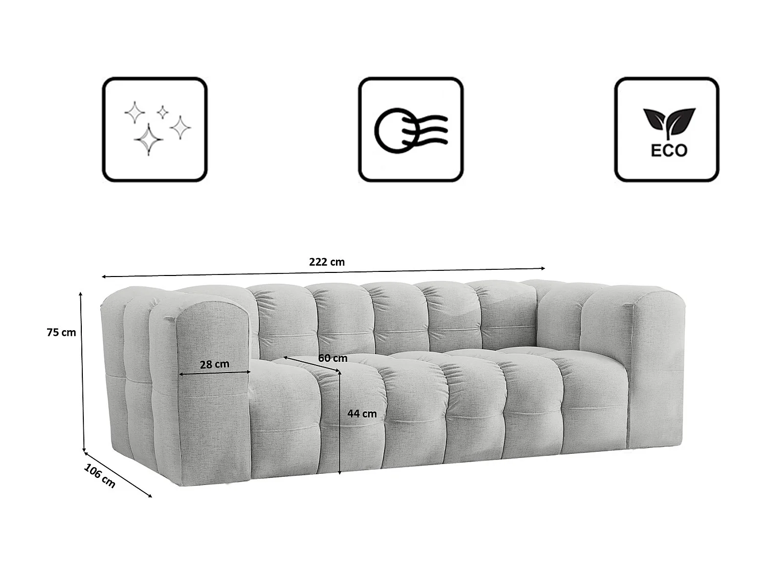 Sofa 3-Sitzer, Komfort Couch BALOO, stoff Schenille, Hellgrau