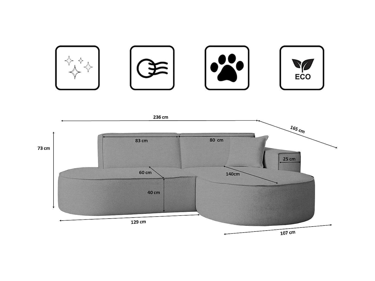 Canapé d'angle Modena Studio en tissu Artico, Ciment Droite