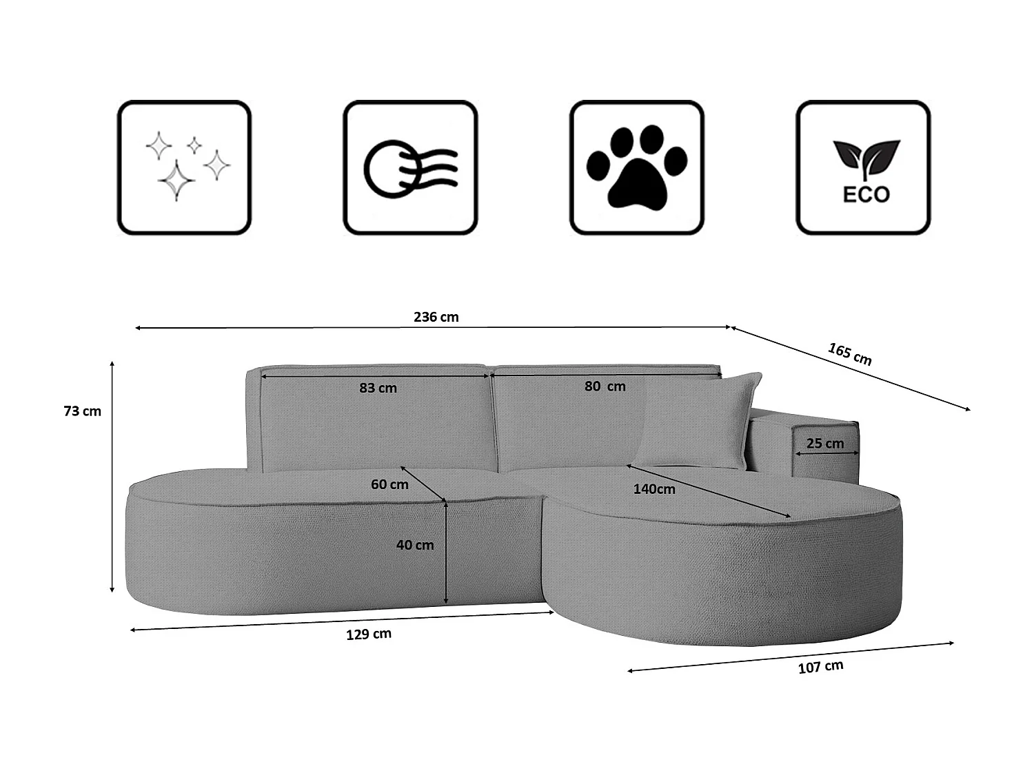 Ecksofa Modena Studio Stoff Artico, Cement Rechts