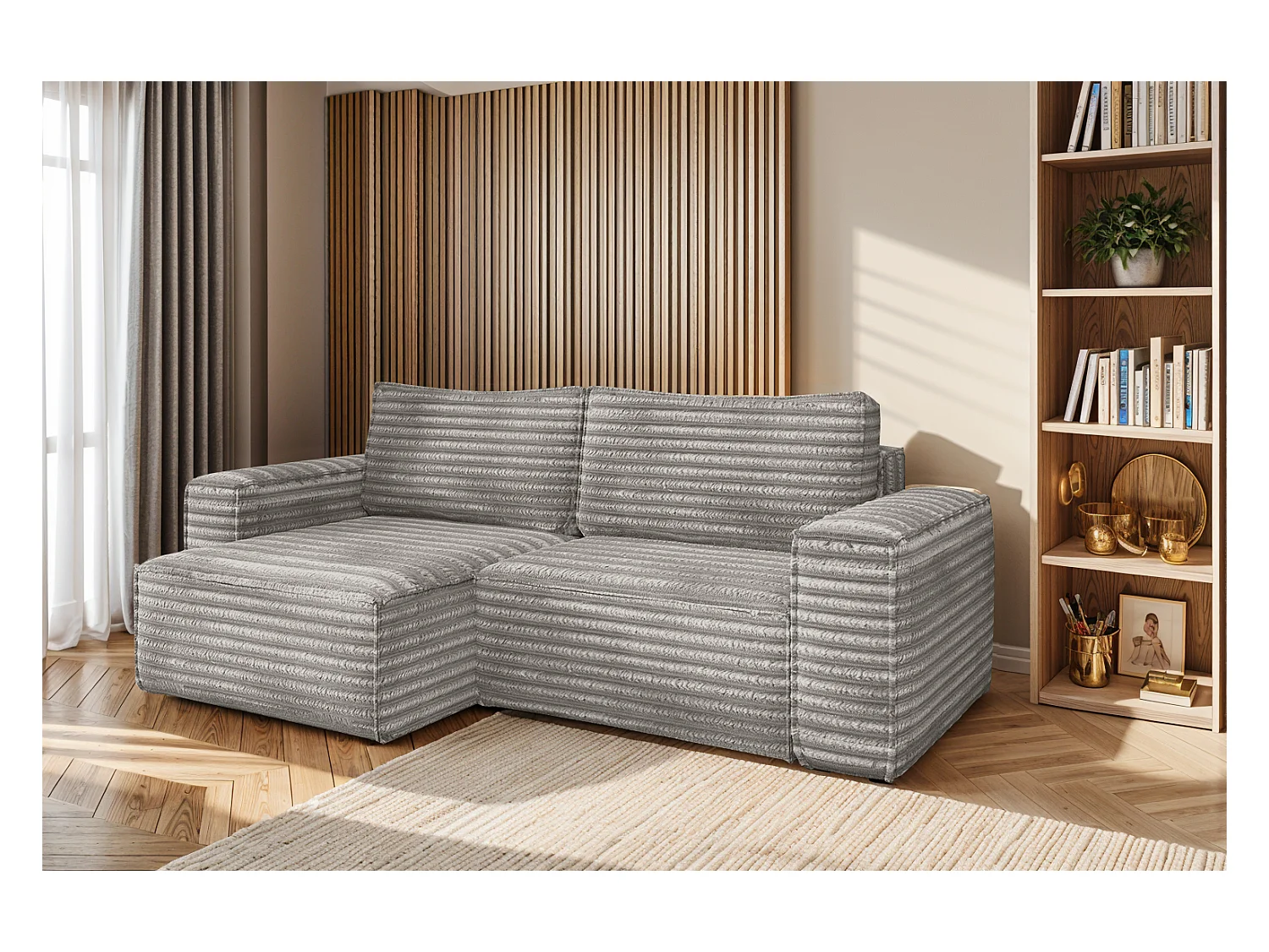 L-förmiges Bohoo-Ecksofa mit Schlaffunktion, Stoff Velo, Grau, Links