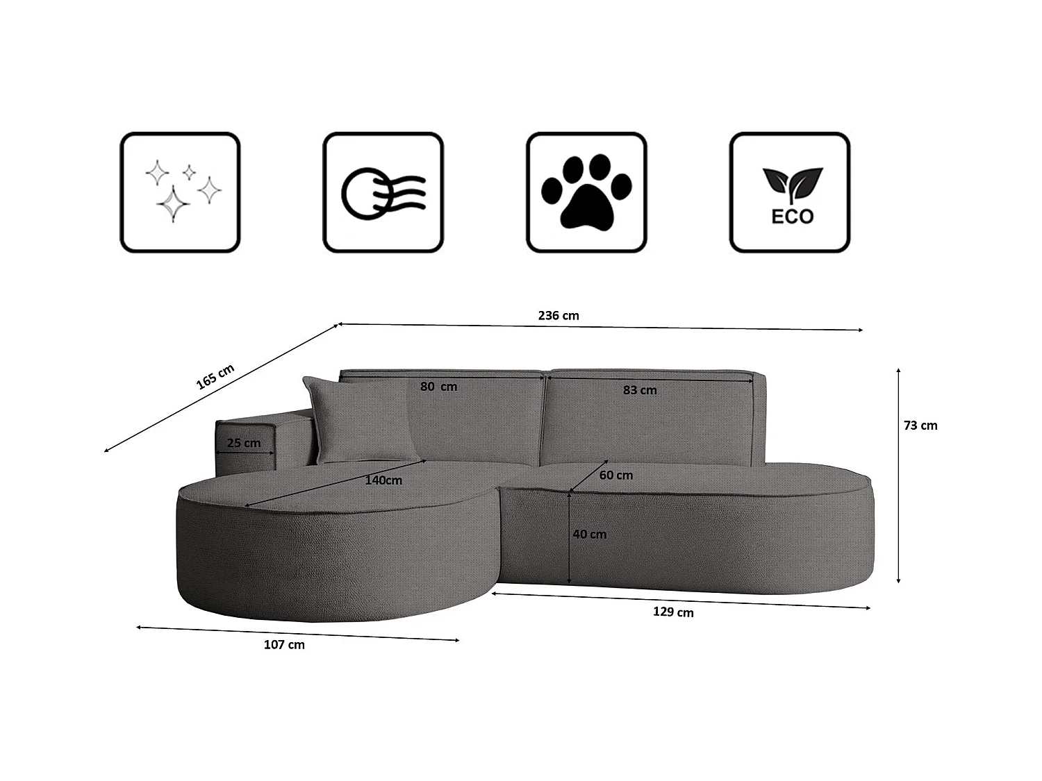 Canapé d'angle Modena Studio tissu Artico, anthracite gauche
