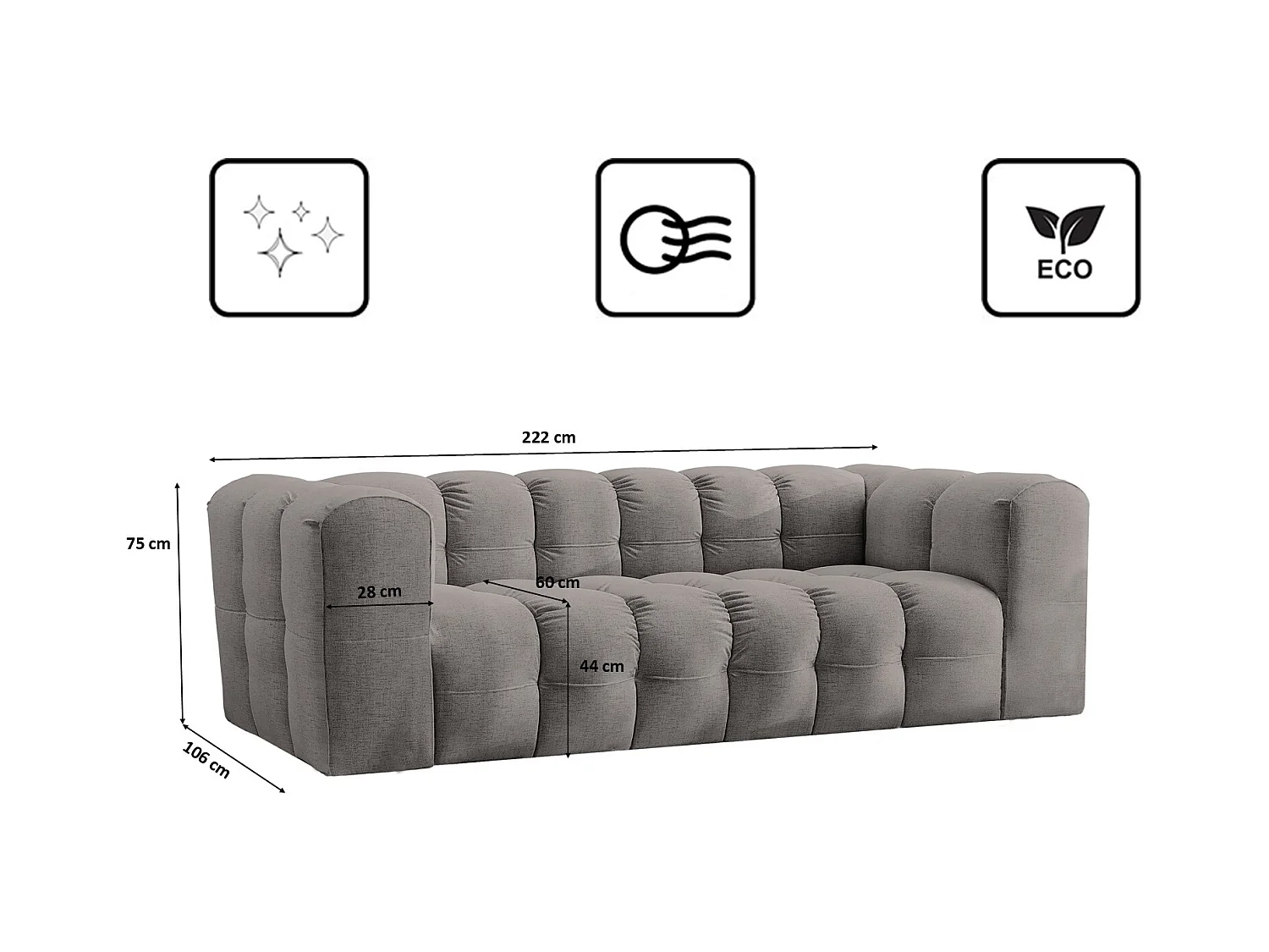 Sofa 3-Sitzer, Komfort Couch BALOO, stoff Schenille, Grau