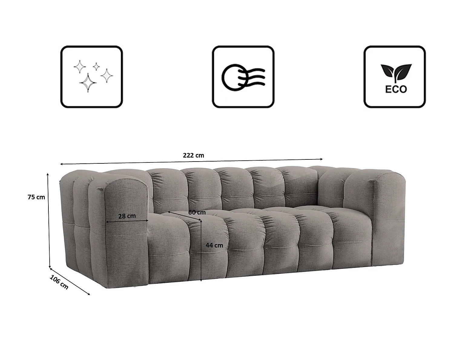 Sofa 3-Sitzer, Komfort Couch BALOO, stoff Schenille, Grau