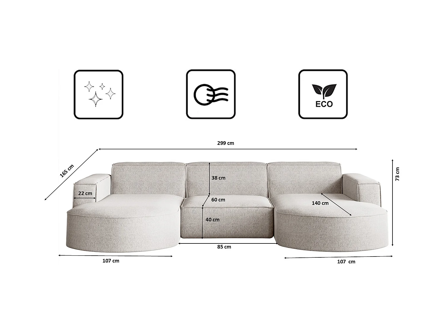 Canapé d'angle, forme U Modena, tissu Verita, beige