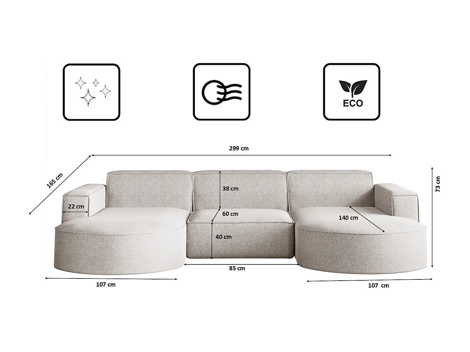 Canapé d'angle, forme U Modena, tissu Verita, beige