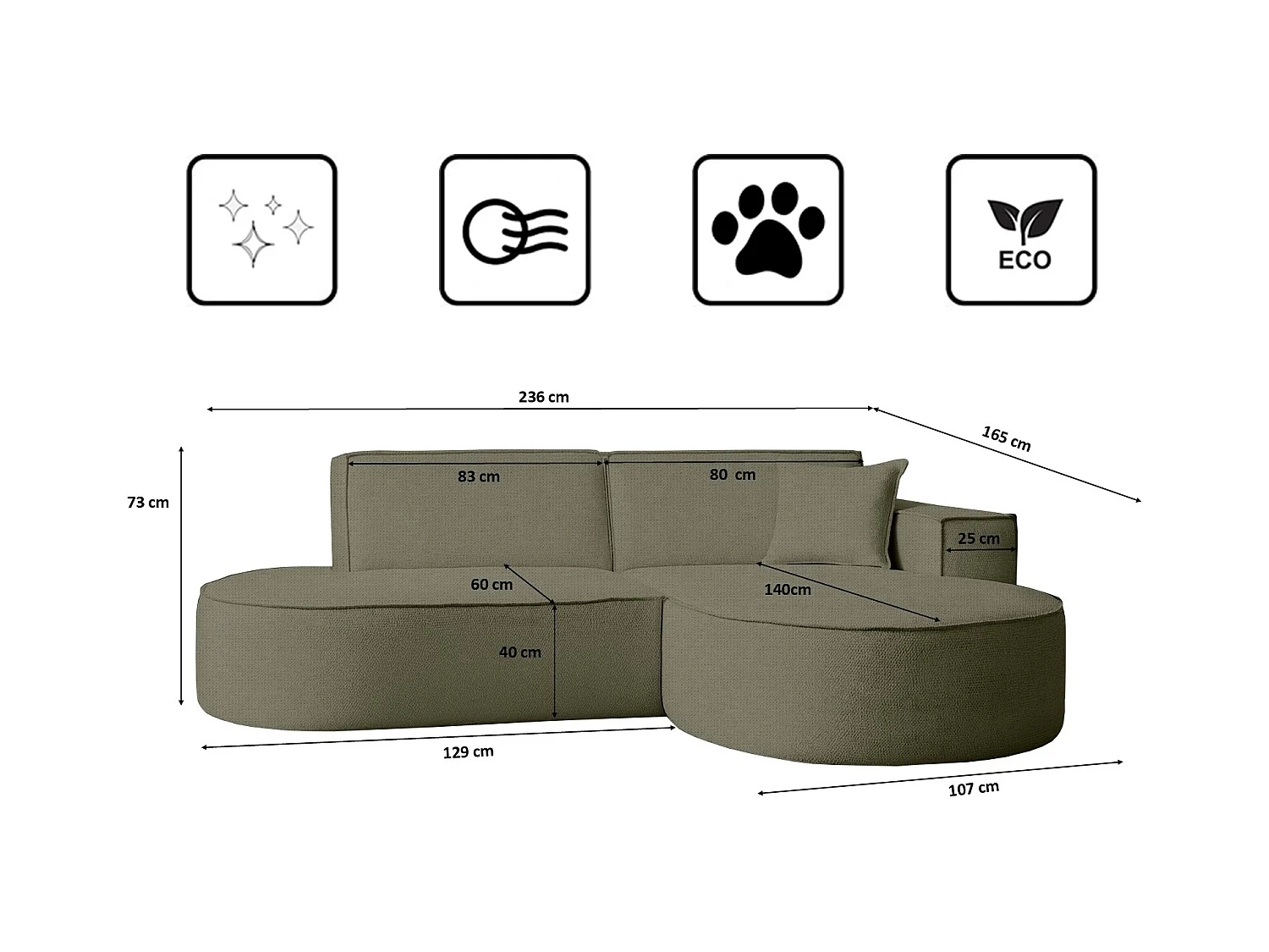 Canapé d'angle Modena Studio tissu Artico, Moss Right