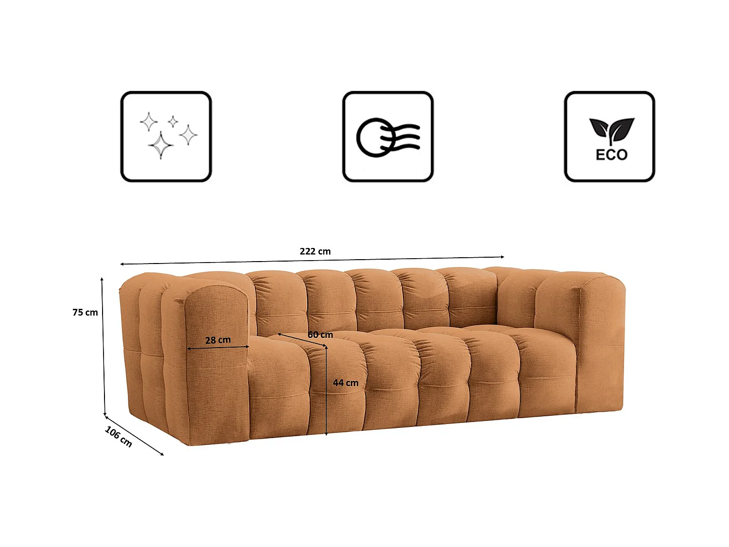 Sofa 3-Sitzer, Komfort Couch BALOO, stoff Schenille, Orange