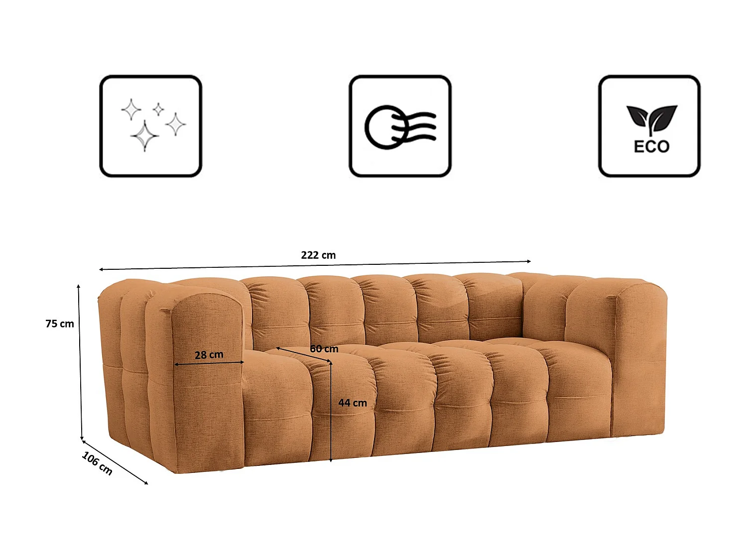 Sofa 3-Sitzer, Komfort Couch BALOO, stoff Schenille, Orange