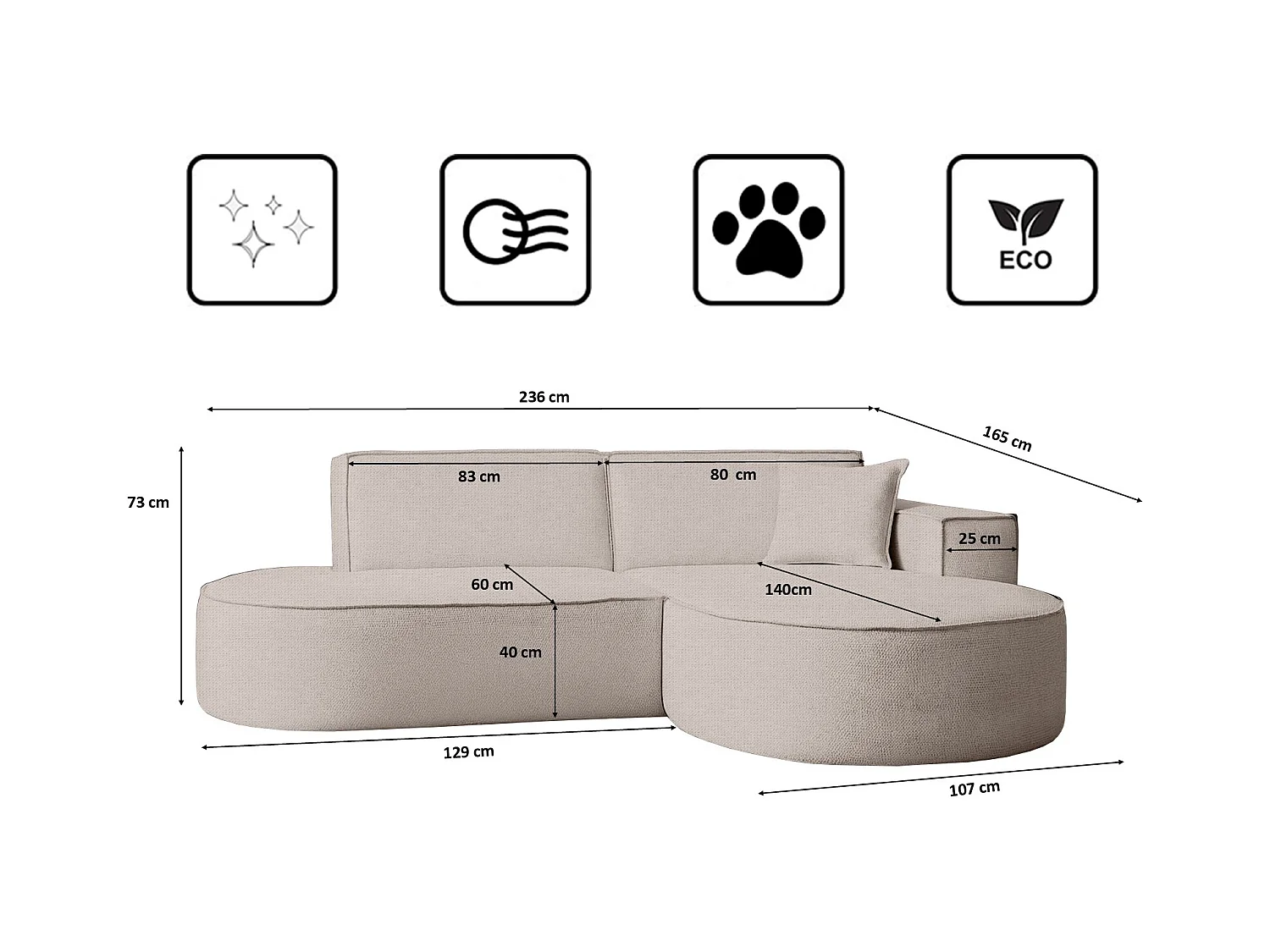 Canapé d'angle Modena Studio tissu Artico, Nata droite